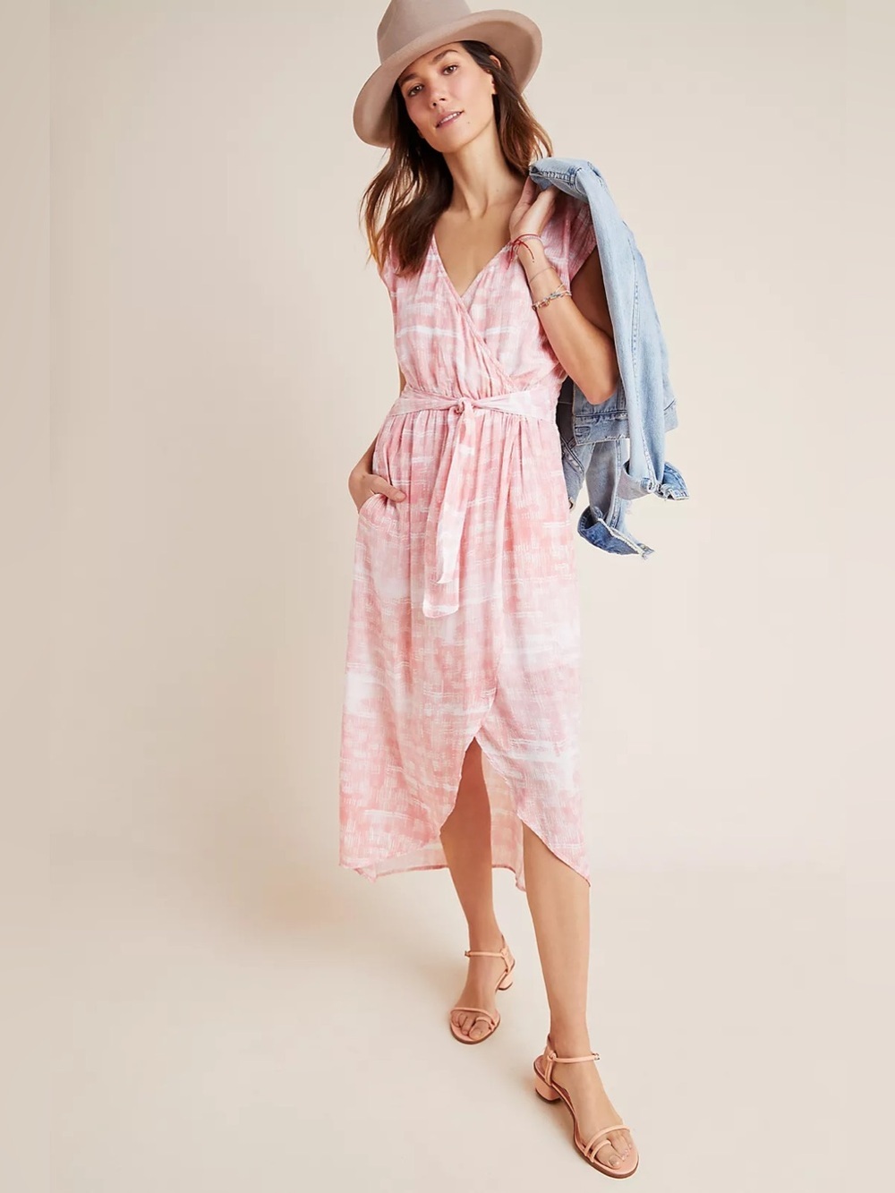 Cloth & Stone Anthropologie Pink/White Tie-Dye Midi Dress Size S